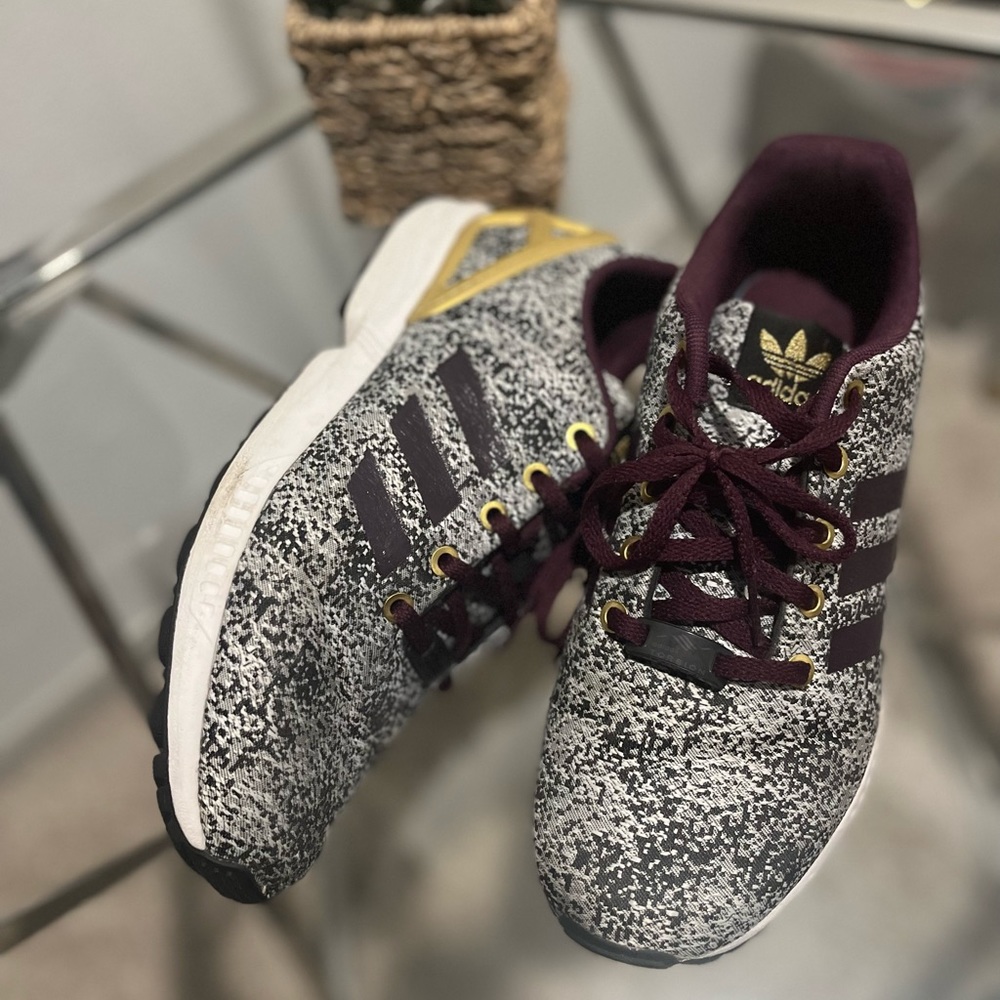 Adidas Burgundy and Gold Trainers